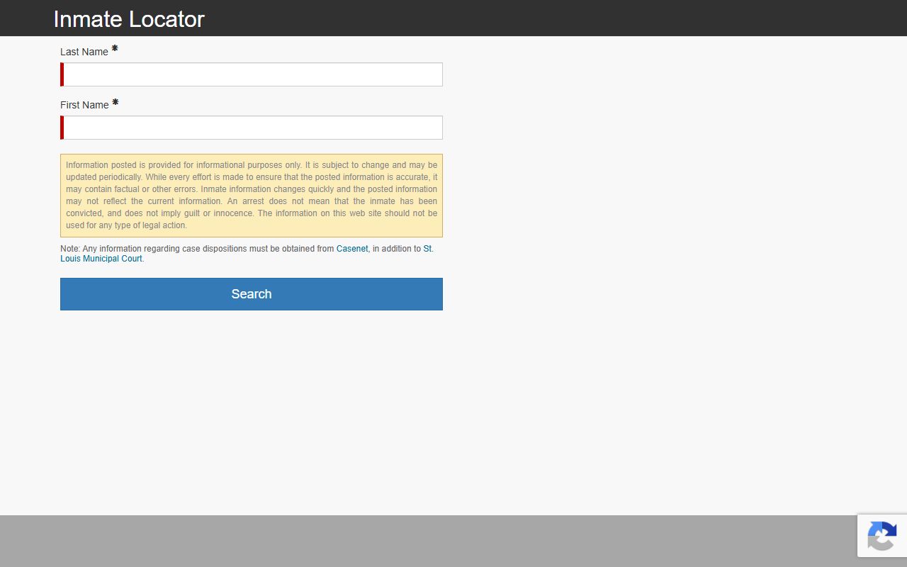 St. Louis inmate locator search page for active inmates and recent releases