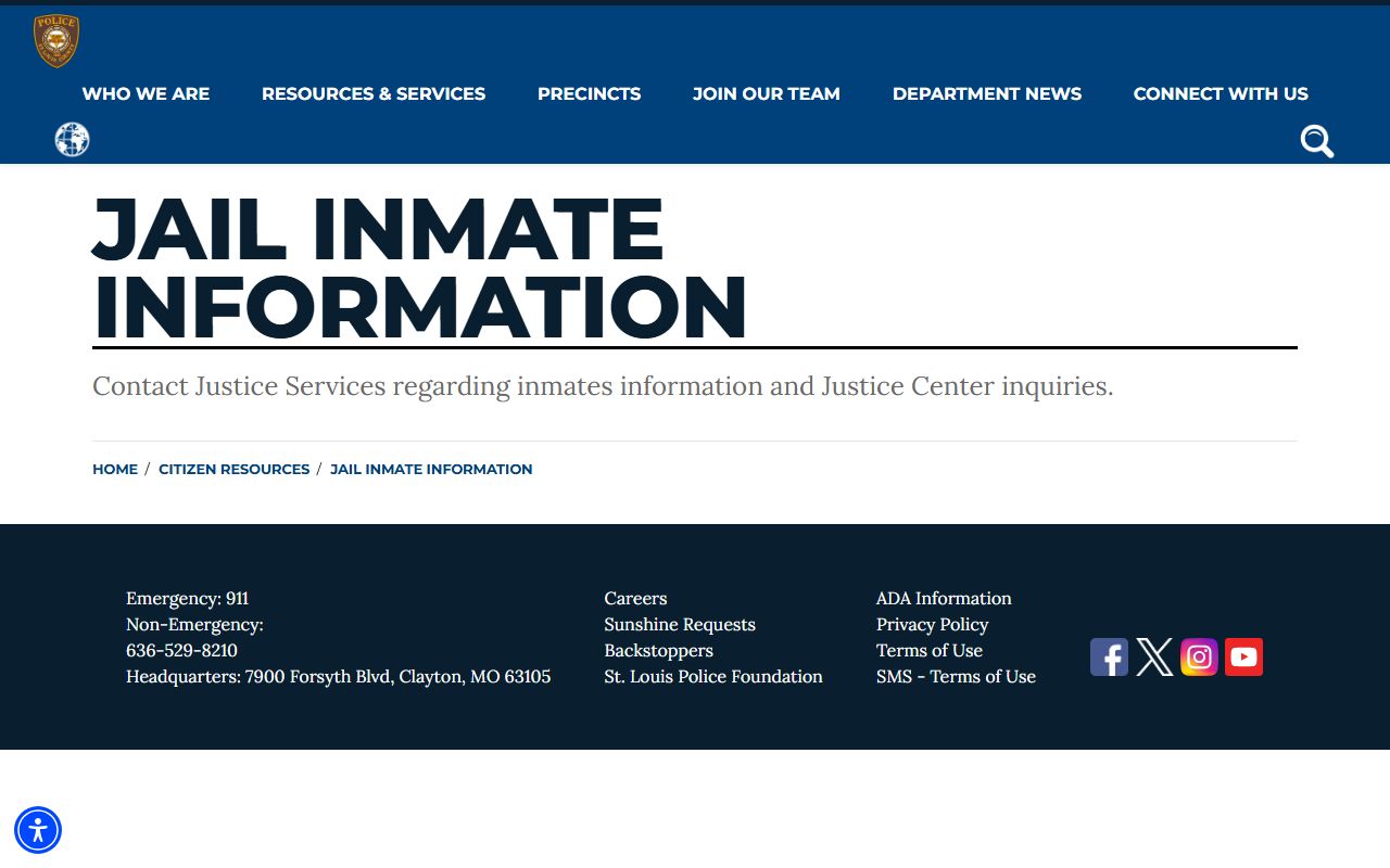 St. Louis County Police jail inmate information page directing users to Justice Services