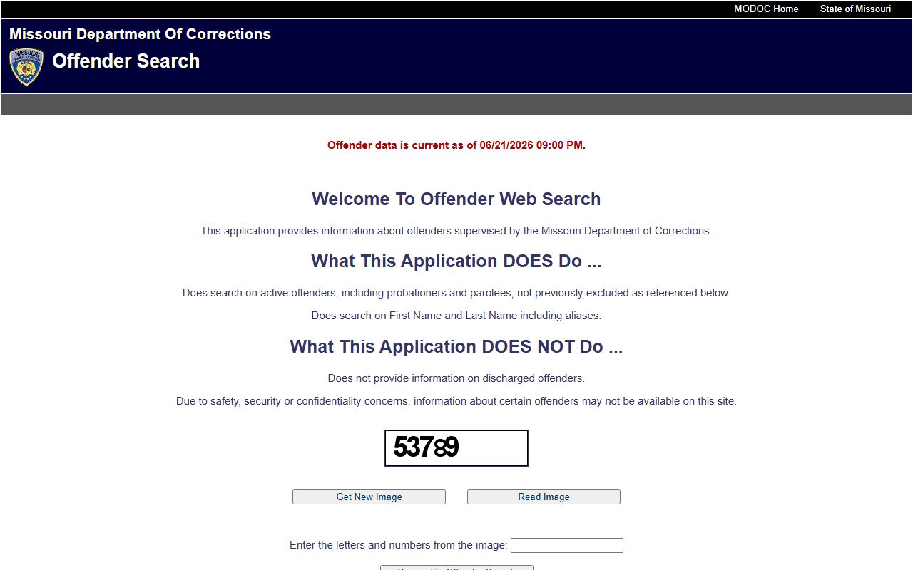 Missouri Department of Corrections offender search page
