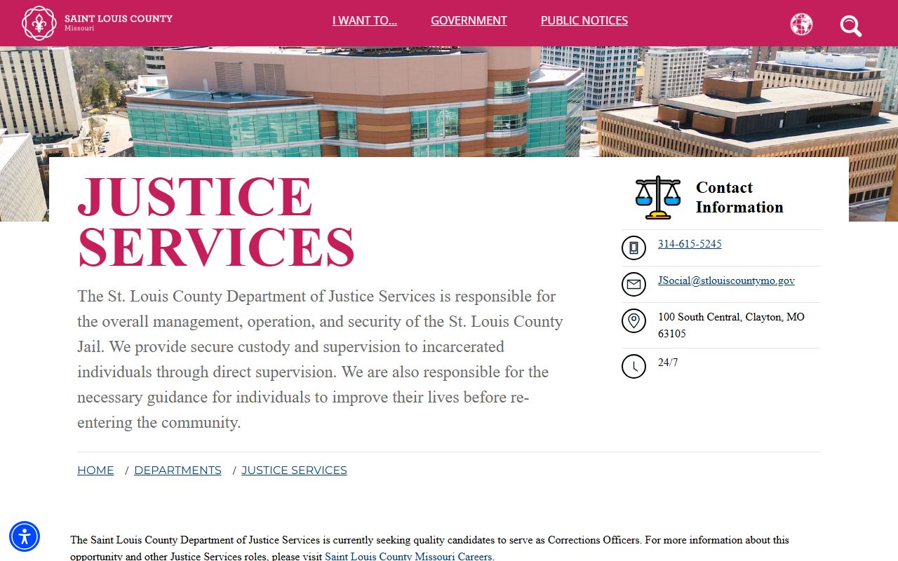 St. Louis County Department of Justice Services page for jail and custody information