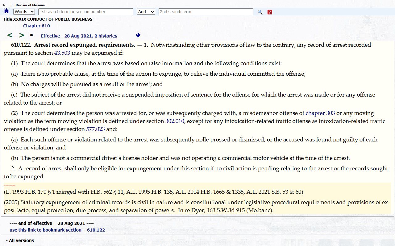 St. Louis County court dockets arrest record expungement statute