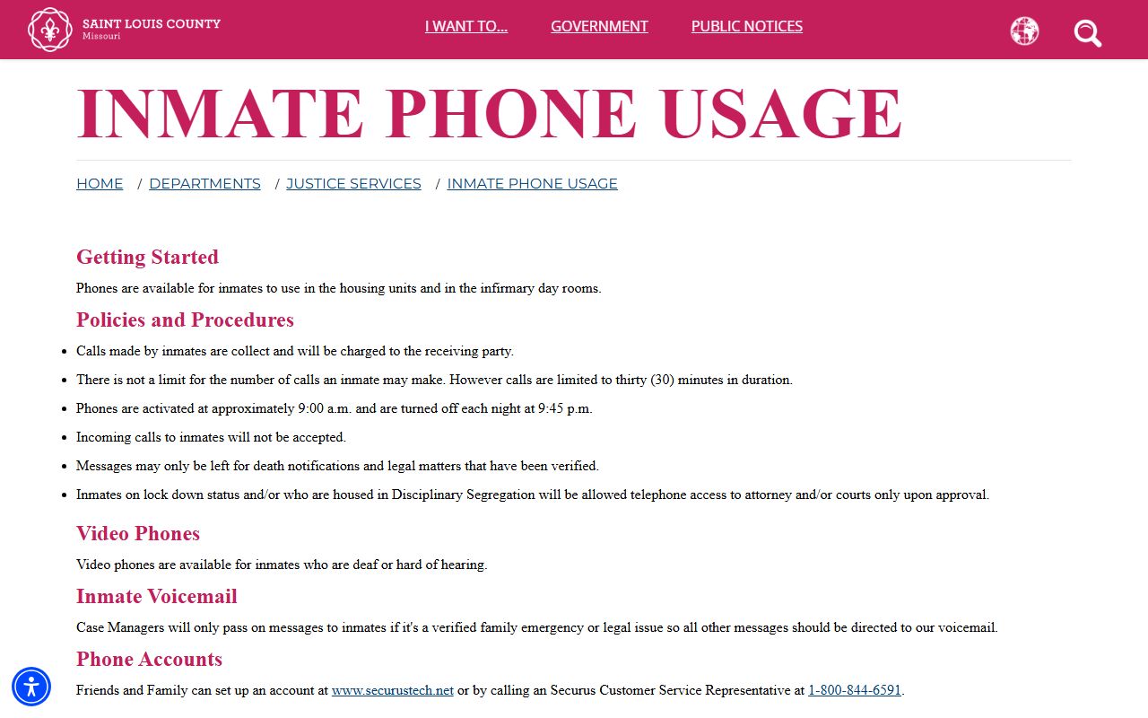 St. Louis County inmate phone usage page for jail phone information