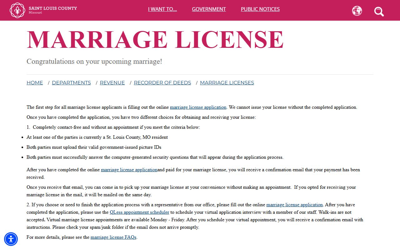 St. Louis County marriage records license process page