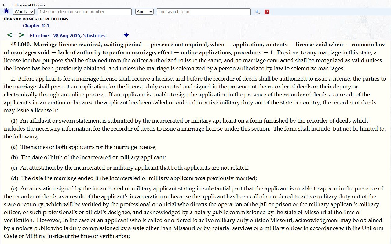 St. Louis County marriage records Missouri license statute